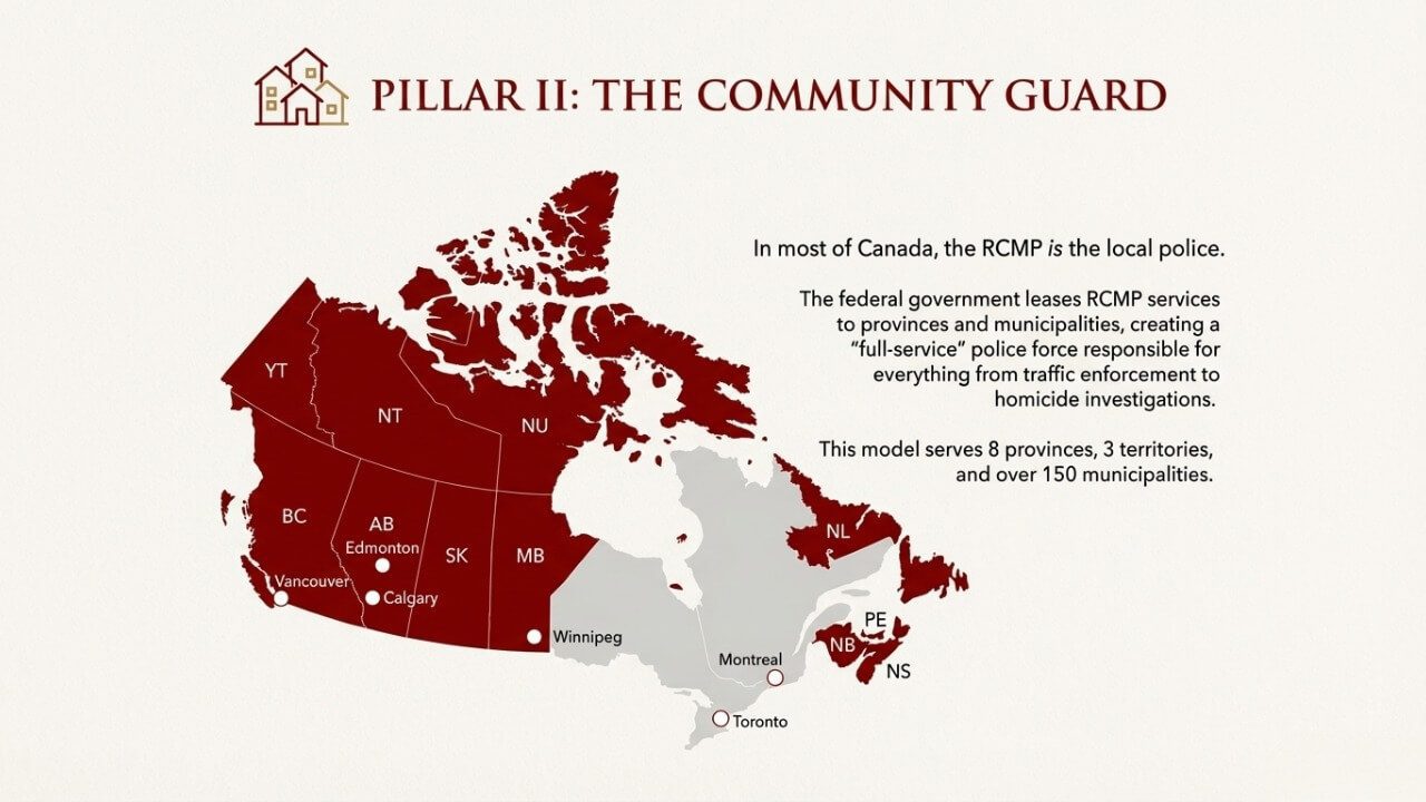 Map of Canada showing RCMP divisions by province and territory, illustrating how the Royal Canadian Mounted Police operates through 15 divisions identified by letter codes B through V