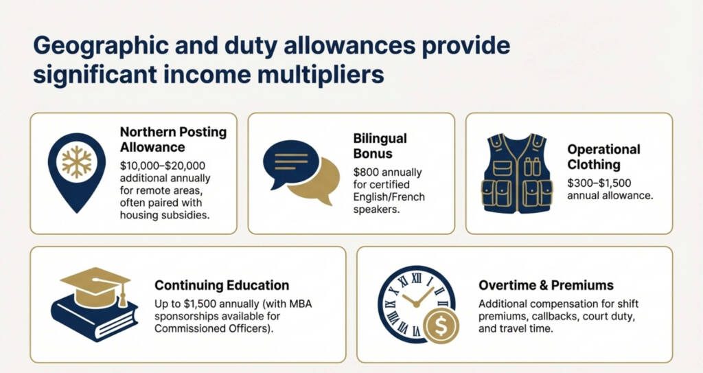 RCMP allowances infographic covering northern posting allowance, bilingual bonus, and overtime pay.