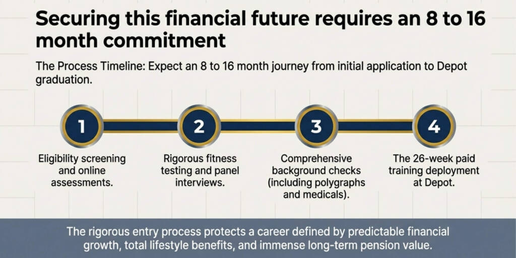 The RCMP recruitment process takes 8 to 16 months including eligibility screening, fitness testing, background checks, and 26 weeks at Depot.