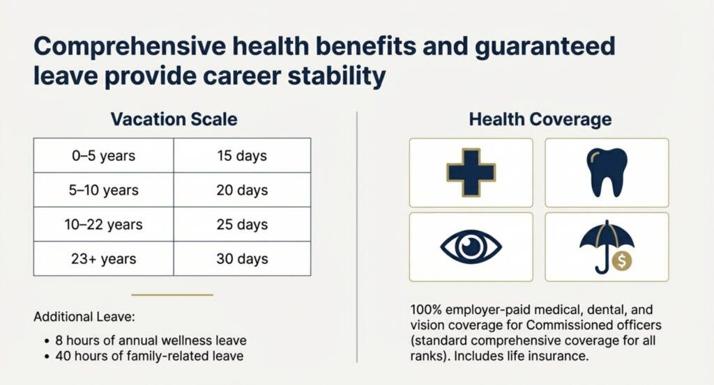 RCMP employee benefits infographic showing vacation days and health coverage for RCMP officers in Canada.