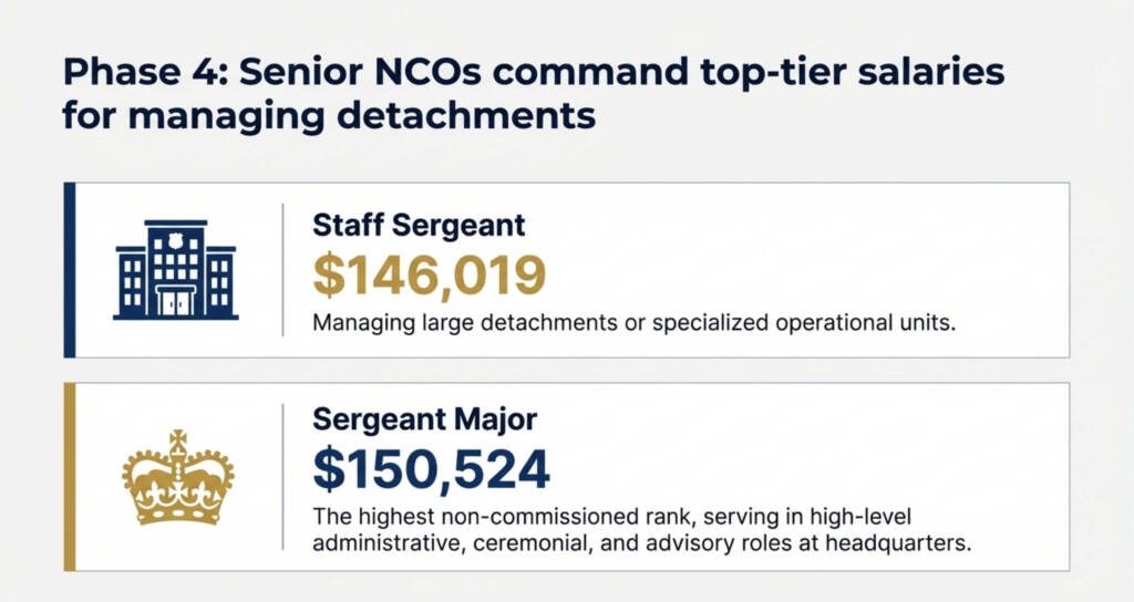 RCMP senior NCO salary infographic showing Staff Sergeant salary of 146019 dollars and Sergeant Major salary of 150524 dollars in the Royal Canadian Mounted Police.