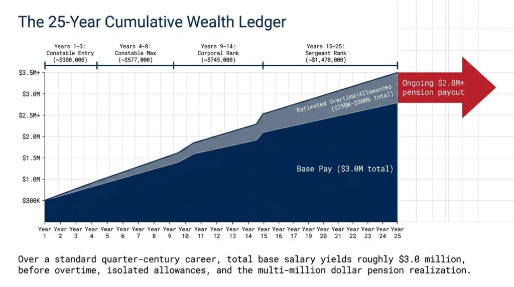 RCMP 25-year career earnings: cumulative salary from constable through sergeant with pension calculations, approximately $3 million base plus benefits