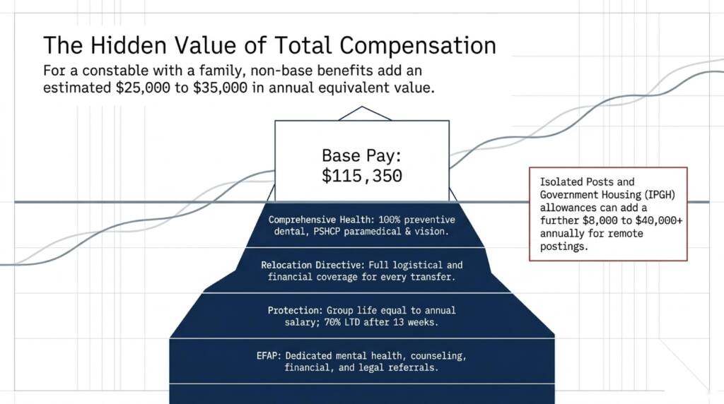 RCMP total compensation breakdown: base salary plus pension, health, dental, life insurance, EAP, relocation, isolated posting allowances
