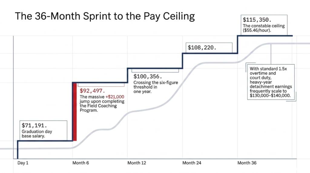RCMP salary growth chart: automatic increases from $71,191 entry to $115,350 maximum within 36 months, based on Treasury Board pay grid