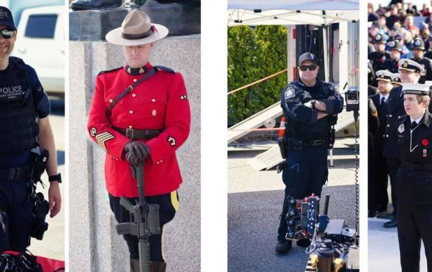 Comparison of Canadian police services including RCMP, OPP, Toronto Police, and Vancouver Police officers in different uniforms and roles