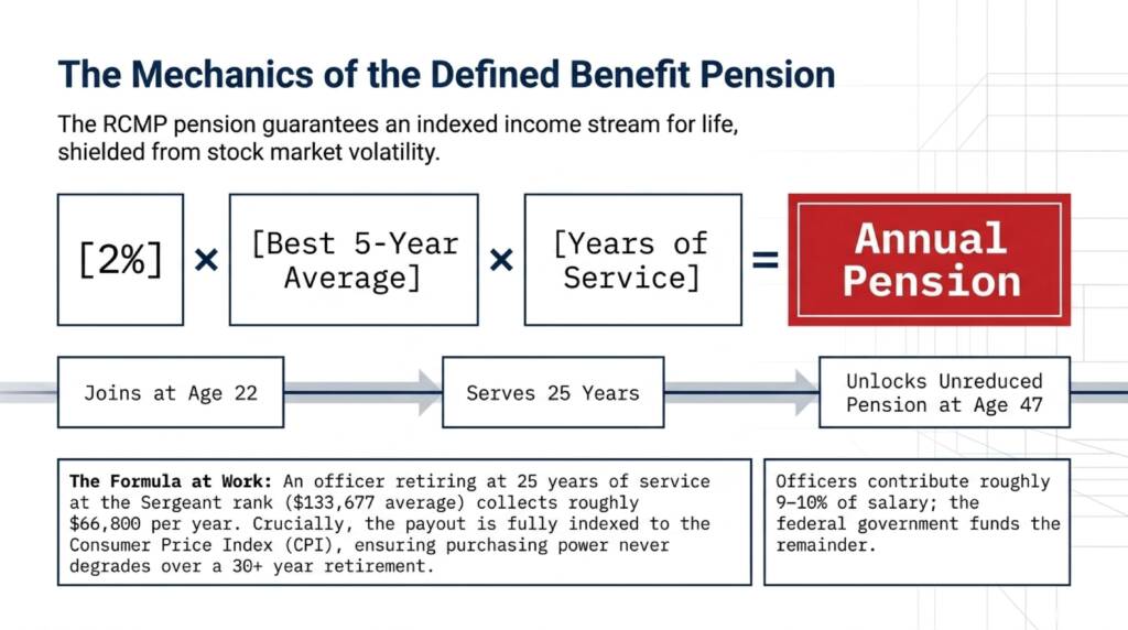 RCMP pension formula: 2 percent times best 5-year average salary times years of service, fully indexed to CPI