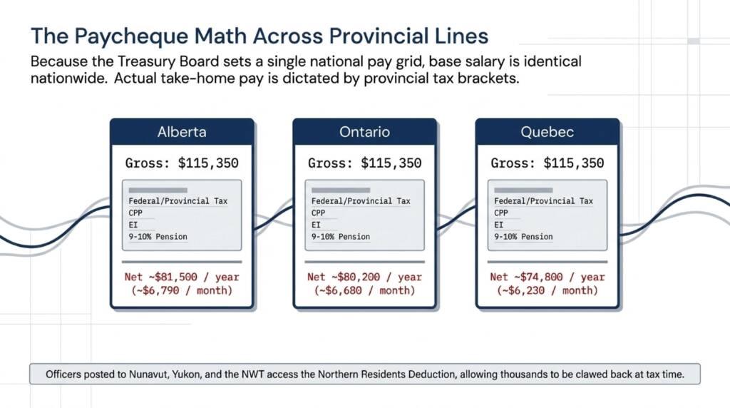 RCMP net pay comparison: Alberta, Ontario, and Quebec showing effective take-home salary after taxes by province for constable and maximum pay levels