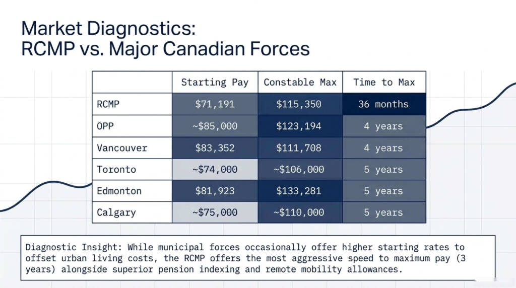 RCMP salary comparison: RCMP entry $71,191 versus OPP, Vancouver, Toronto, Edmonton, and Calgary police starting pay and progression timelines