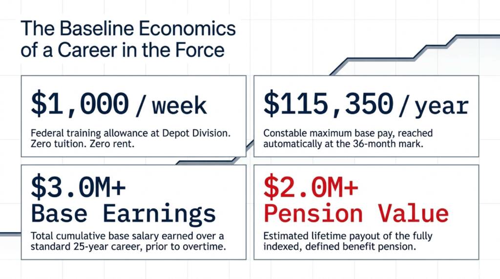 RCMP salary breakdown: showing cadet training allowance $1,000 weekly, constable entry $71,191, maximum $115,350 at 36 months, with full benefits package value