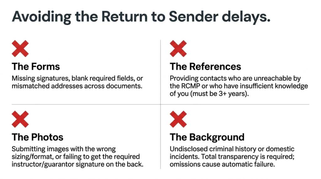 Infographic describing common reasons PAL applications are delayed, including incomplete forms, poor references, photo issues, and undisclosed background history.