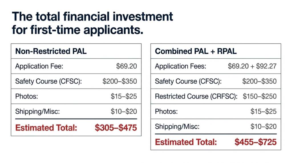 Cost comparison chart for obtaining a Non-Restricted PAL versus a combined PAL and RPAL, including application fees, safety courses, photos, and estimated totals.