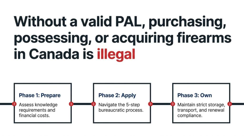 Infographic explaining that purchasing, possessing, or acquiring firearms in Canada without a valid PAL is illegal, followed by three phases: Prepare, Apply, and Own.