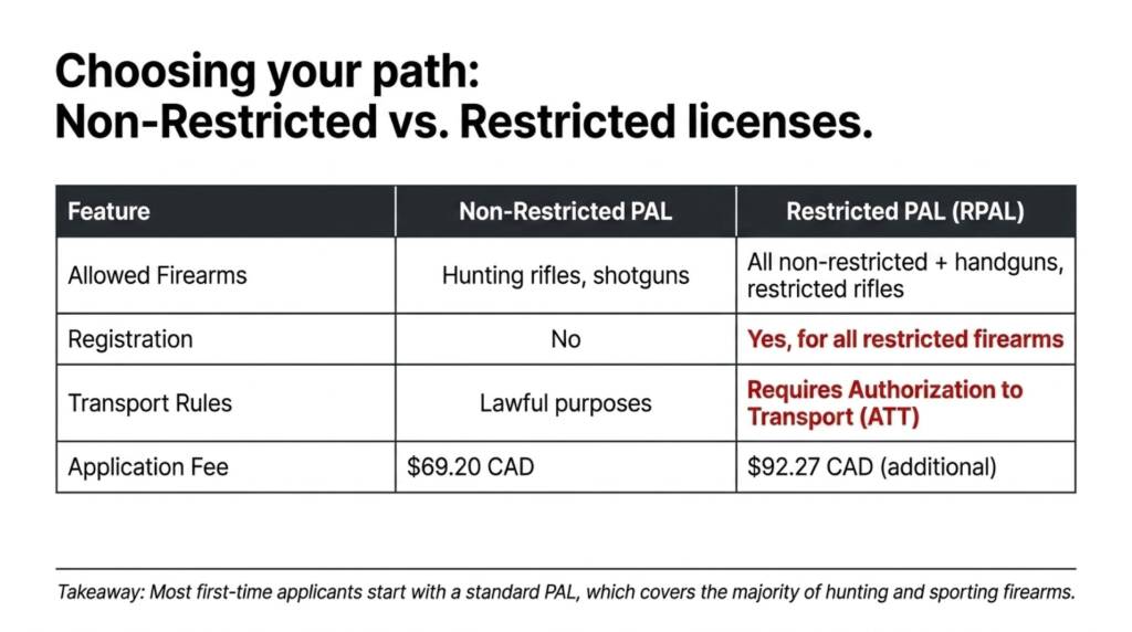 Comparison table between Non-Restricted PAL and Restricted PAL (RPAL), outlining firearm types, registration requirements, transport rules, and application fees.