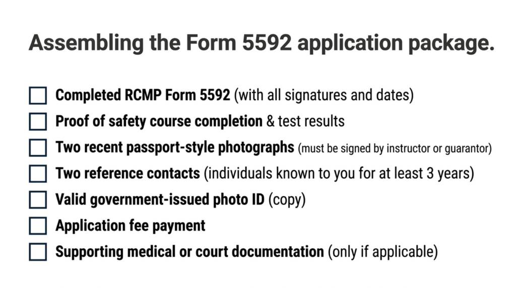 Checklist showing required PAL application documents including RCMP Form 5592, safety course proof, passport photos, references, identification, fees, and supporting documentatio