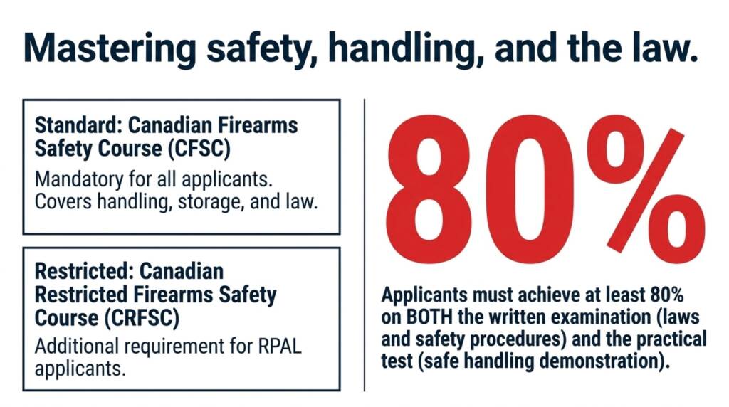 Information graphic showing Canadian Firearms Safety Course (CFSC) and Canadian Restricted Firearms Safety Course (CRFSC) requirements, including the minimum 80 percent passing score.