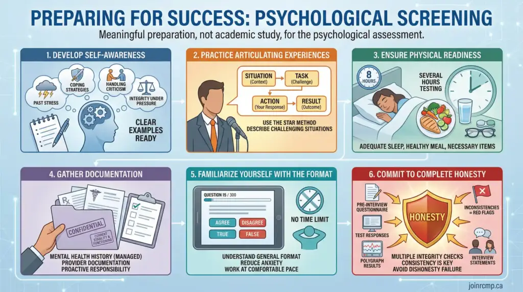 Infographic explains how RCMP applicants can meaningfully prepare for psychological screening by developing self-awareness, practicing STAR responses, arriving well-rested, gathering mental health documentation, understanding the test format, and committing to complete honesty